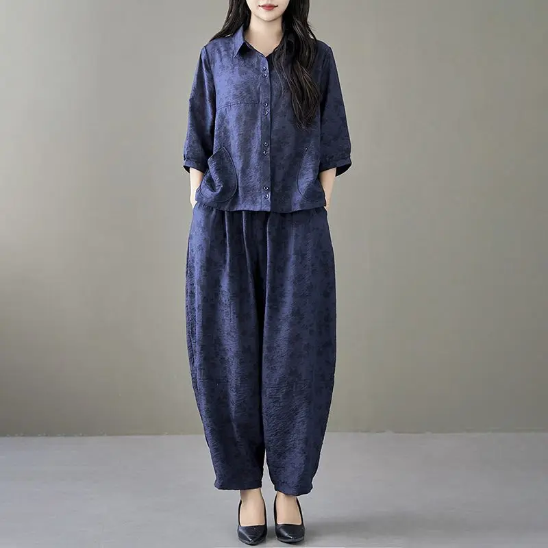 

Elegant Women Fashion Vintage Mid-Sleeve Slimming Shirt Casual Shirt Set