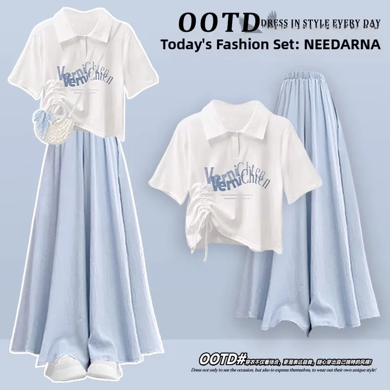 

POIO Collar Short Sleeve T-Shirt High Waist Wide Leg Pants Two Piece Set Korean Style Fashionable Clothing for Teenage Girls