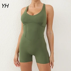 Summer Women Sexy Strappy Backless Jumpsuit Workout Bodysuit With Pad Gym Bodycon Romper Sportswear Fitness One Piece Yoga Suit