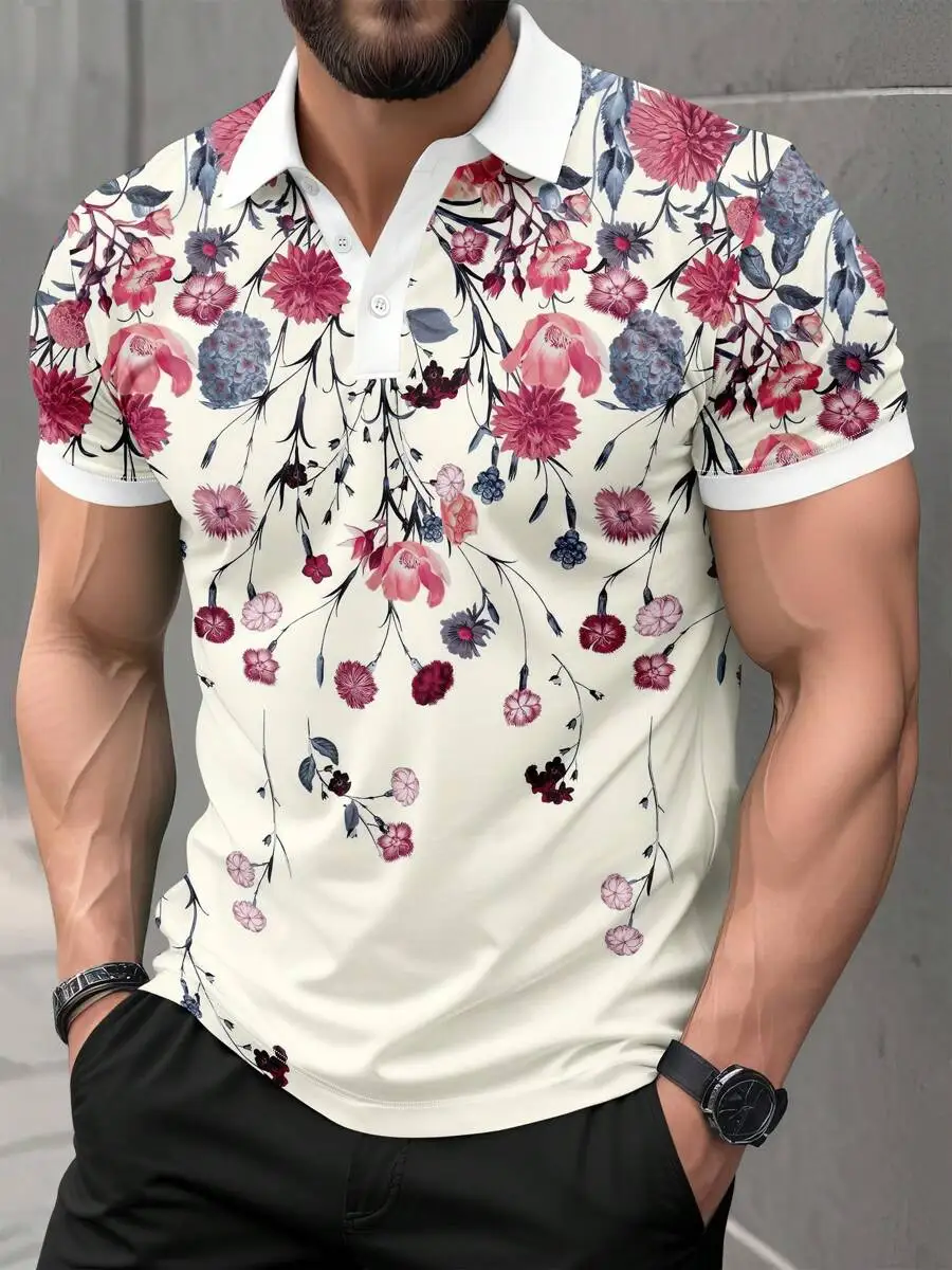 

Men's Floral Print Short Sleeve Polo Shirt - Cream Base with Pink Blue Blooms