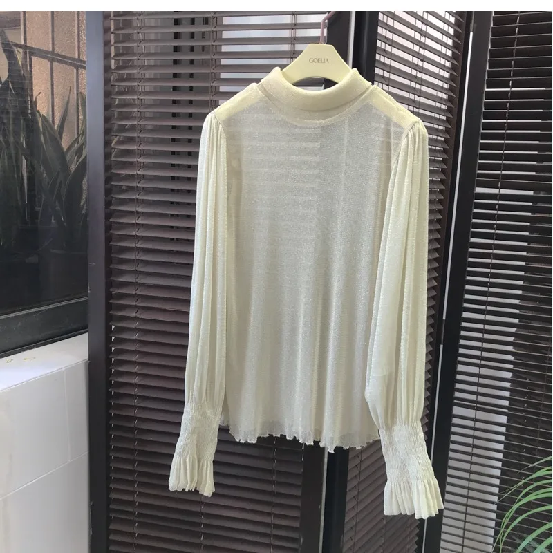 

Thin Long Sleeve Lace Base Shirt Women's Mesh Inner Wear Silver Thread Bright Thread Sand T-Shirt See-through Lace Top