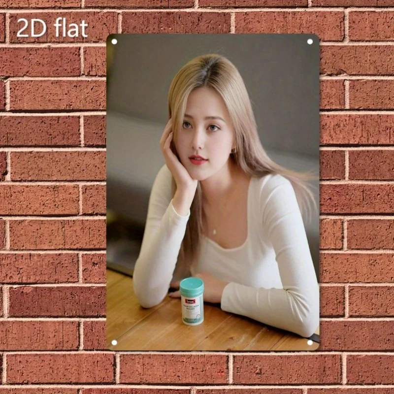 

Rustic Retro Advertising Sign for Home Decor，2D Flat, Metal Sign Plate - Minimalist Modern Decor with Elegant Woman Portrait, Du