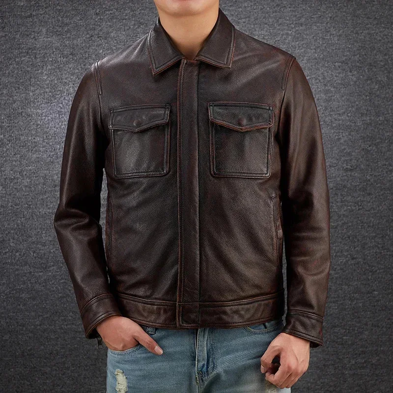 YR!Wholesales.Brown cowhide jacket.Men genuine leather coat.vintage casual outwear.Classic style clothing