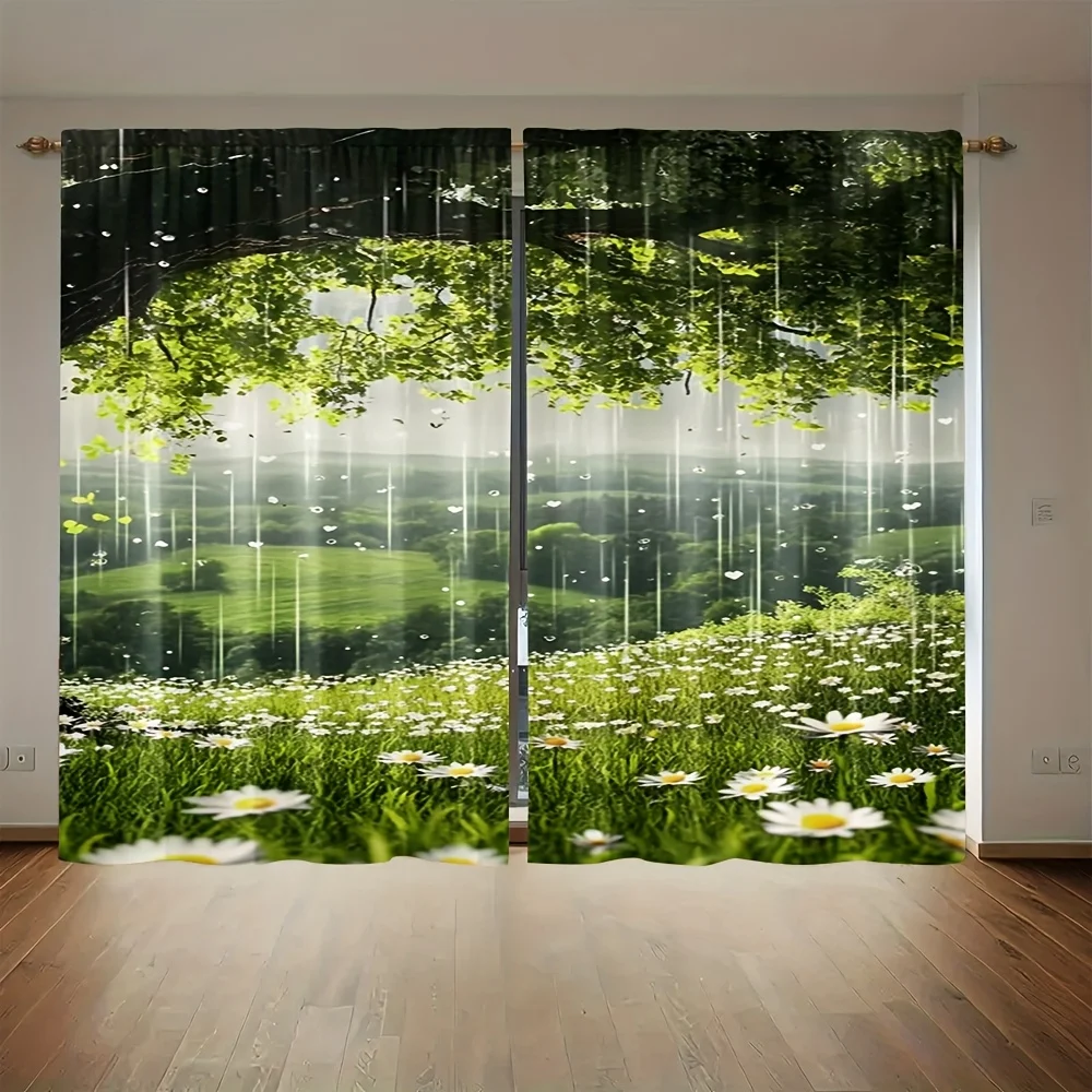 3D Green Meadow Daisy Flower Print Blackout Curtains - Natural Scenery Window Drapes for Living Room Bedroom Decor