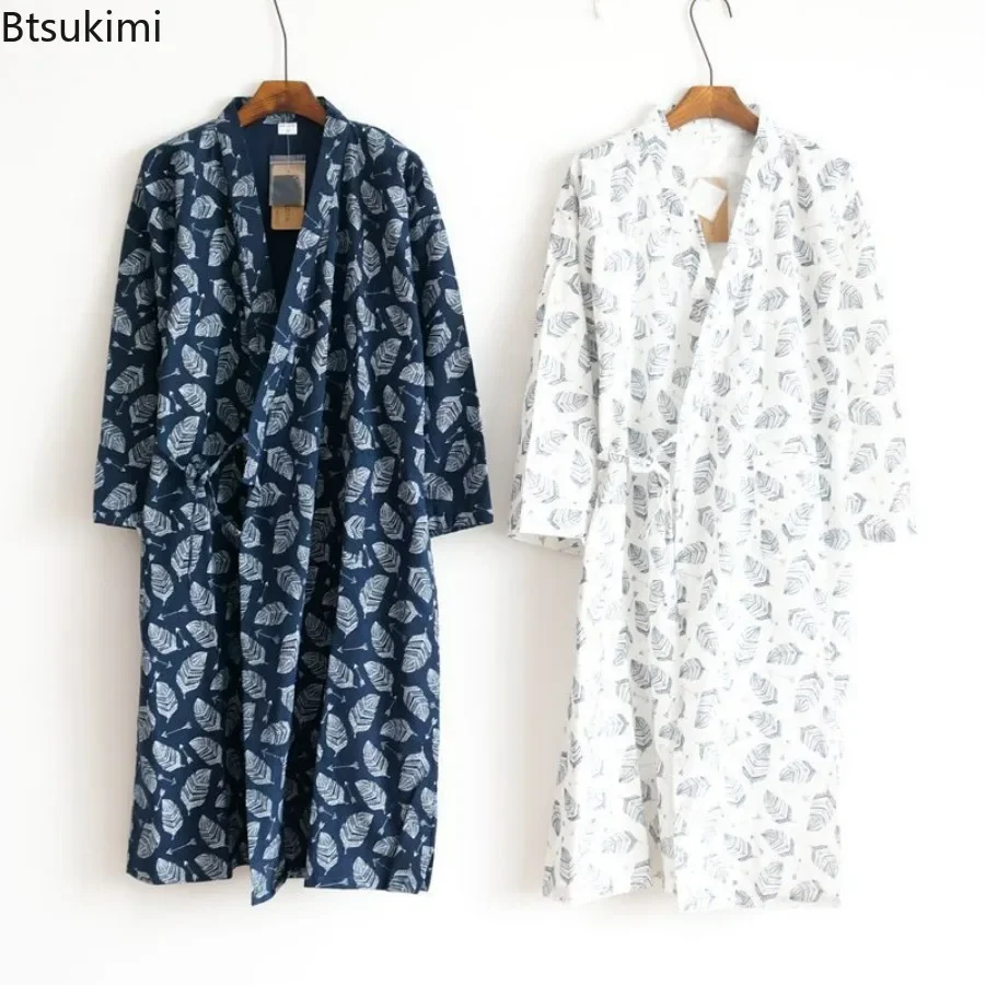 2024 Men's Pajamas Robes Cotton Half Sleeve Blue White Colors Leaves Printing Summer Men's Bathrobe Jacquard Pajamas Men Clothes