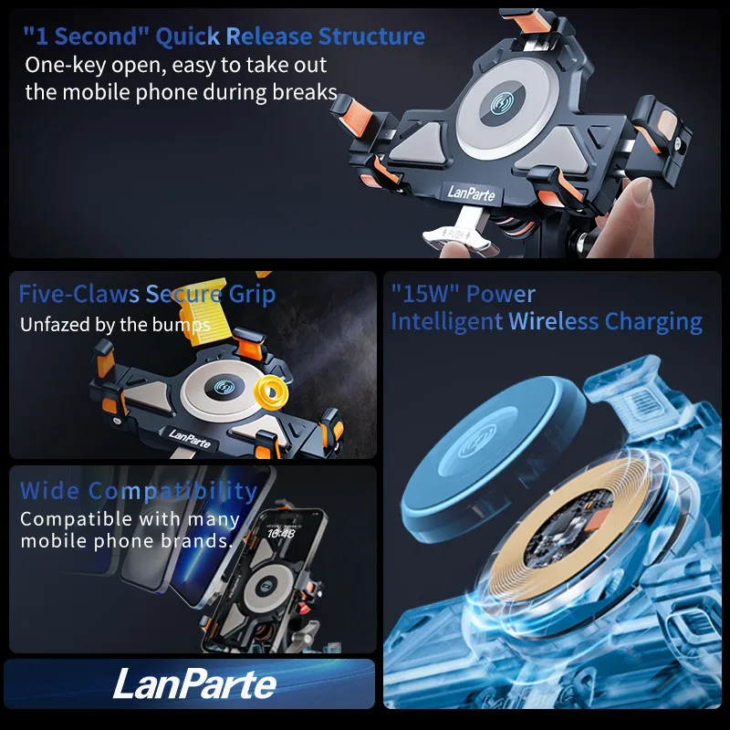 【2026】Anti-Vibration Design 15 W Wireless Charging Mobile Phone Holder For Motorcycle Aluminum Alloy Fork Stem Mount Expansion B
