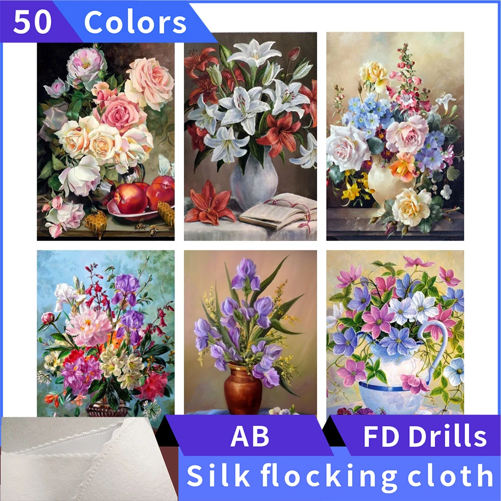 

50-цветная алмазная живопись, стол, цветок, шелковая ткань, квадратная Алмазная вышивка, стразы, Алмазная мозаика, картина, вышивка крестиком