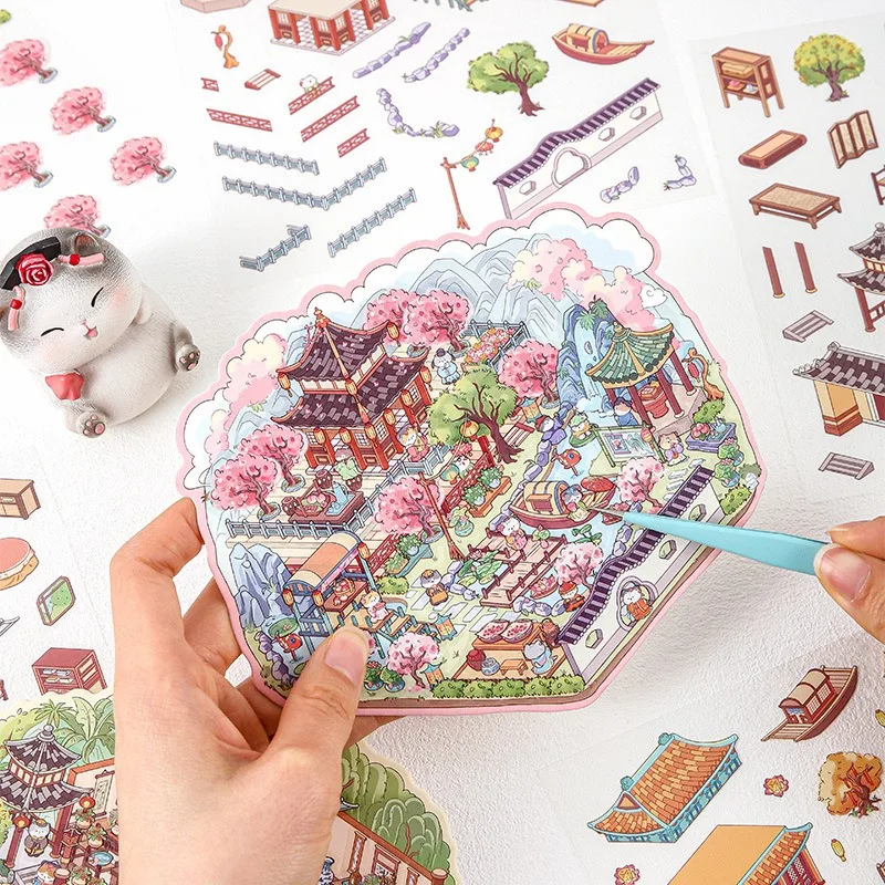 4 Packs/bag Chinese Ancient Structures 3D Landscape Scence Sticker with Background Card DIY Gift Scrapbook Cute Collages