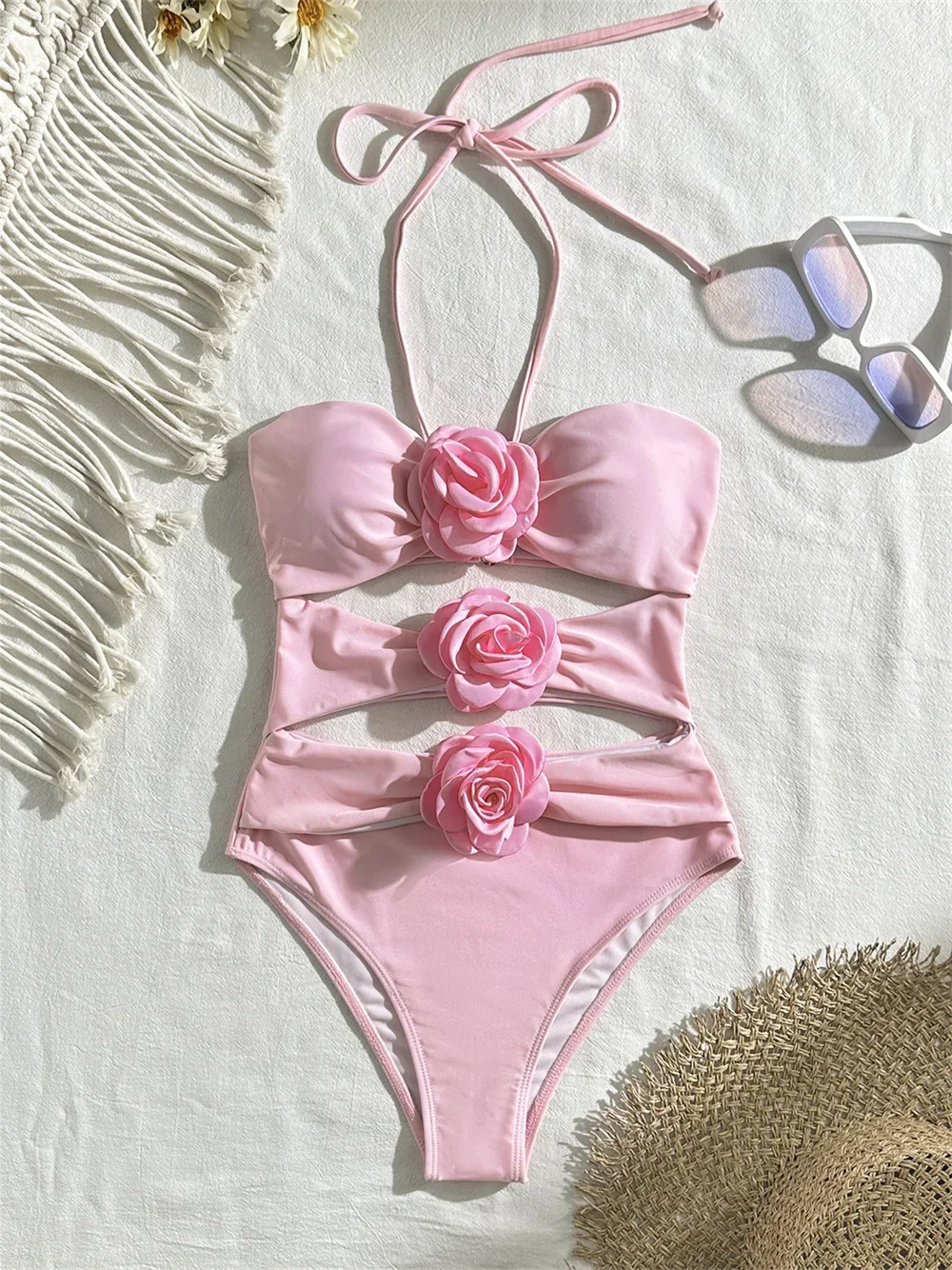 

3D Flower Bikini Pink Y2K Hollow Out Monokini Halter String Backless Bandeau Swimsuit Beach Vacation Swimwear Women Bathing Suit