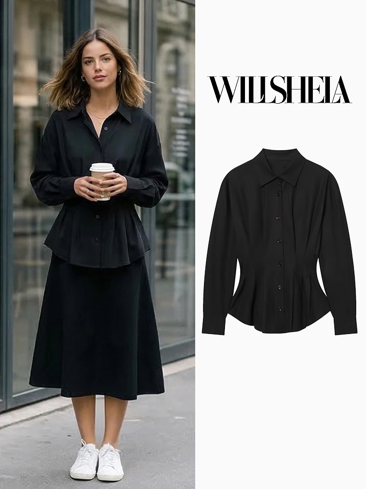 

Женская модная черная плиссированная блузка Willshela с воротником-стойкой, длинными рукавами, винтажный стиль, шикарная женская рубашка
