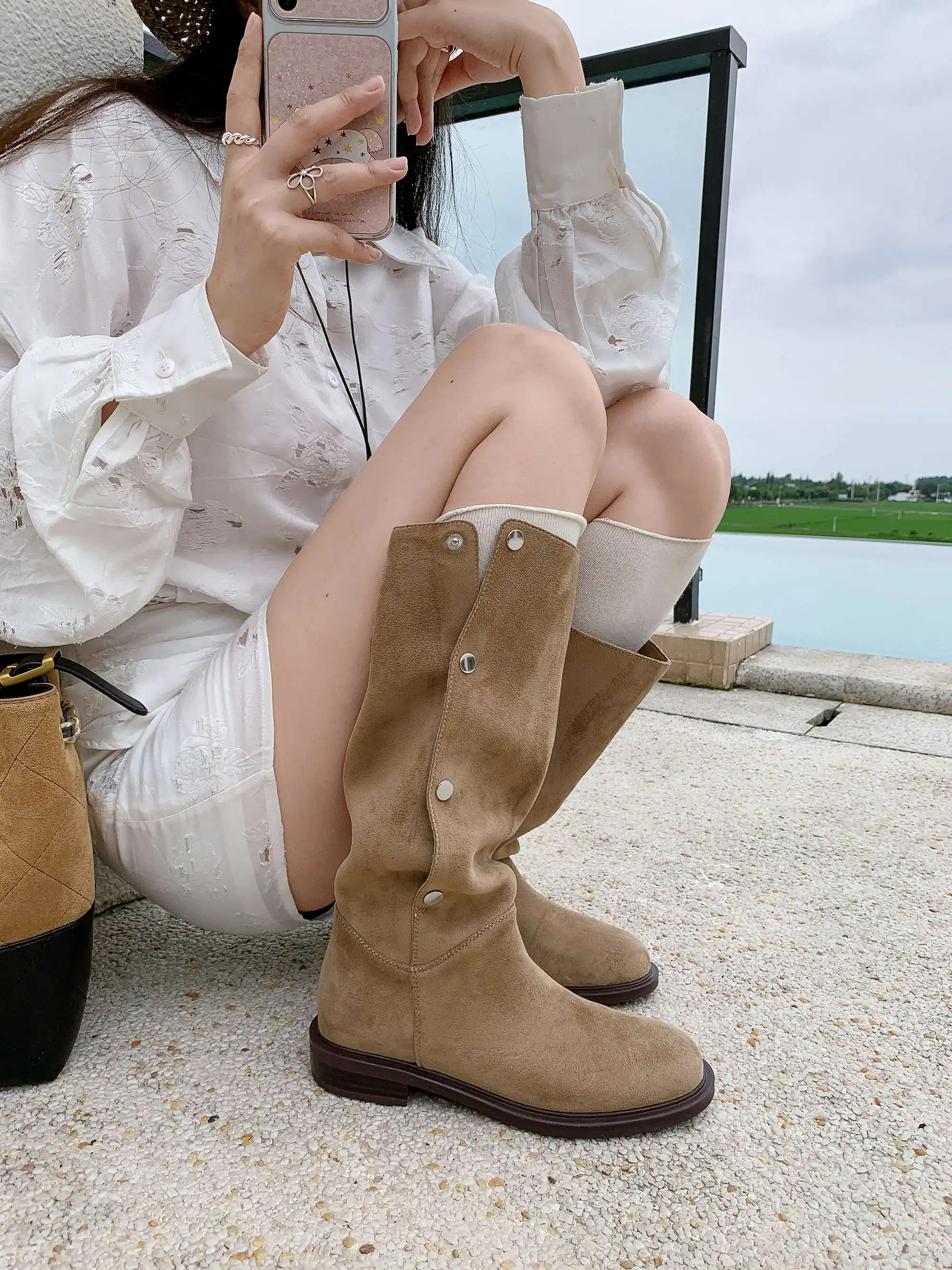 Cow Skin Flock Round Toe Thigh High Riding Boots Dating Warm Winter Shoes Low Heels Brand Casual Luxury Women Knee-high Boots