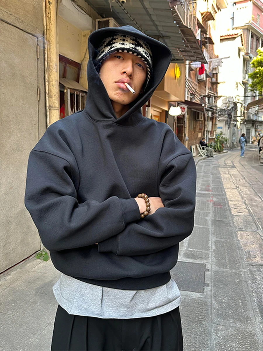 

Deep Grey Short Boxy Men's Hoodie Spring Autumn Youth Rigorous American Retro Heavy Coat Casual Loose Fit Long Sleeve T-Shirt
