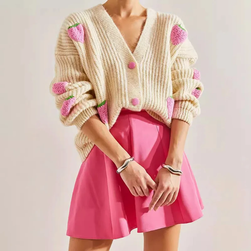 Top Selling Fresh and Sweet V-neck Beige Strawberry Decorated Cardigan Knit Sweater