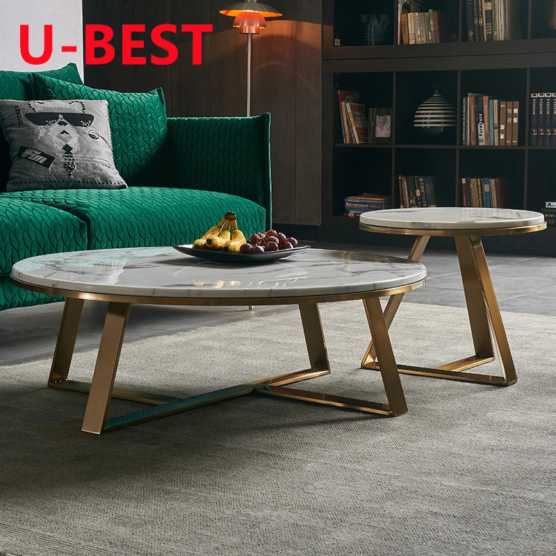 U-BEST Modern Convertible Gold Stainless Steel Leg White Coffee Table Marble Top Coffee Table 2 Pieces Set mesas de café