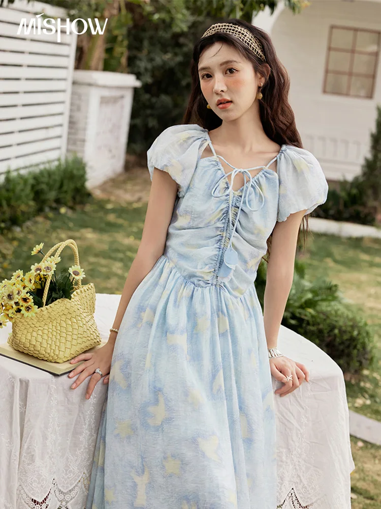 

MISHOW Ladies Lace Up Puff Sleeve Dress 2025 Summer New Vacation Fashion V-neck Slim Lyocell Linen Blue Midi Dresses MXE34L2227