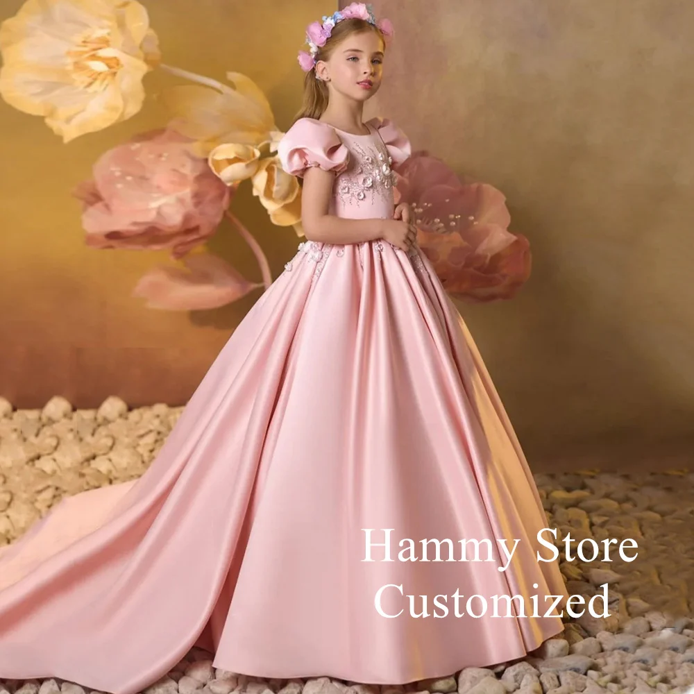 Bush Pink Princess Flower Girl Dress Kids Party Gown Customized Short Sleeves Round Neck Flower Beading Birthday Dresses