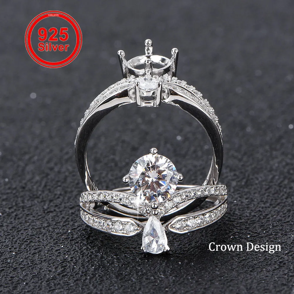 925 Sterling Silver Ring Setting for 6.5mm (1 Carat) Moissanite, Crown Design Blank Mount, DIY Handmade Jewelry Making Base