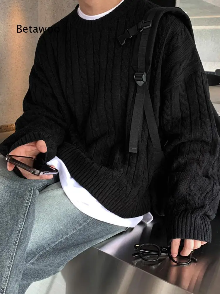 Mens Japanese Style Slub Pullover Sweater Warm Loose Top Korean Fashion Crew Neck Knitwear For Cold Winter Daily Casual Street