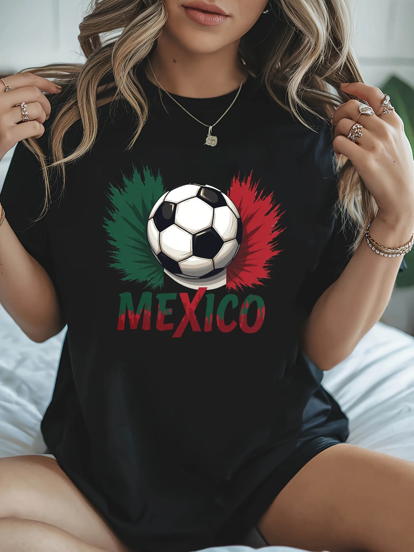 Women's Short Sleeve T-shirt MEXICO Letter & Soccer Ball Graphic Print Y2k Crew Neck Mexican Fans Casual Top for Summer & Spring