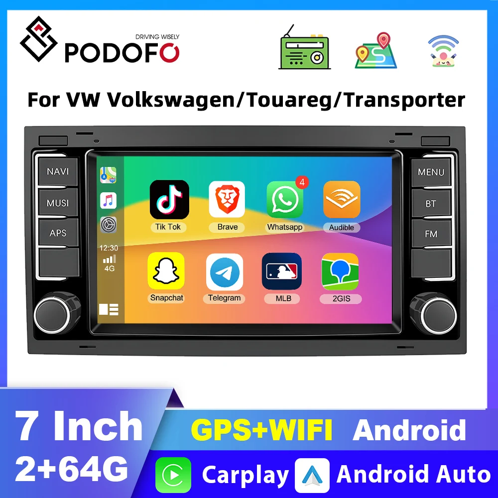 Podofo 7 inch Carplay Android Car Radio Stereo For VW Volkswagen Touareg Transporter GPS Navigation FM Receiver 2din autoradio