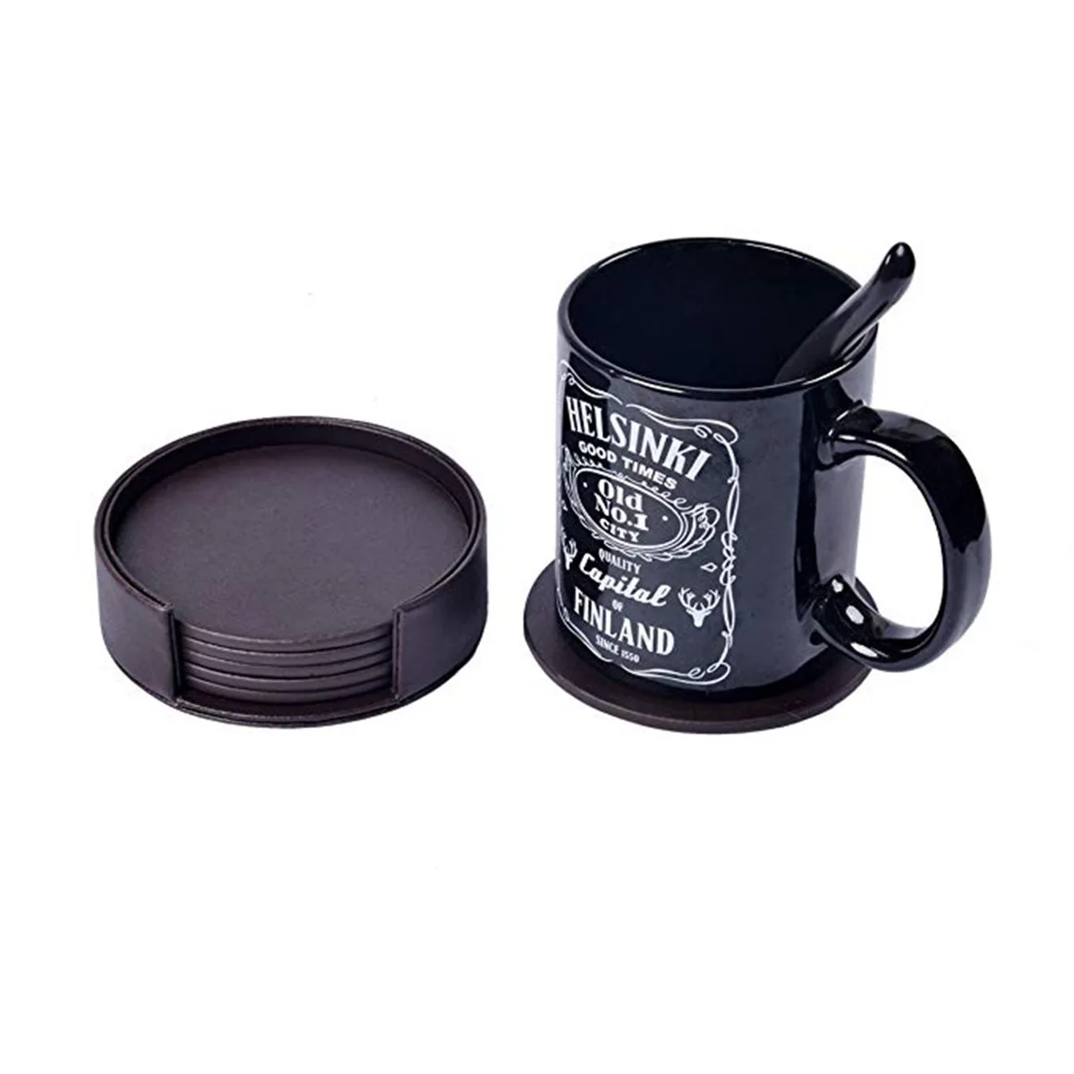 

7 pcs Coaster Set Round Pu Drink Mat Heat Insulation Marble Design Cup Holder For Home Kitchen Car Use Brown