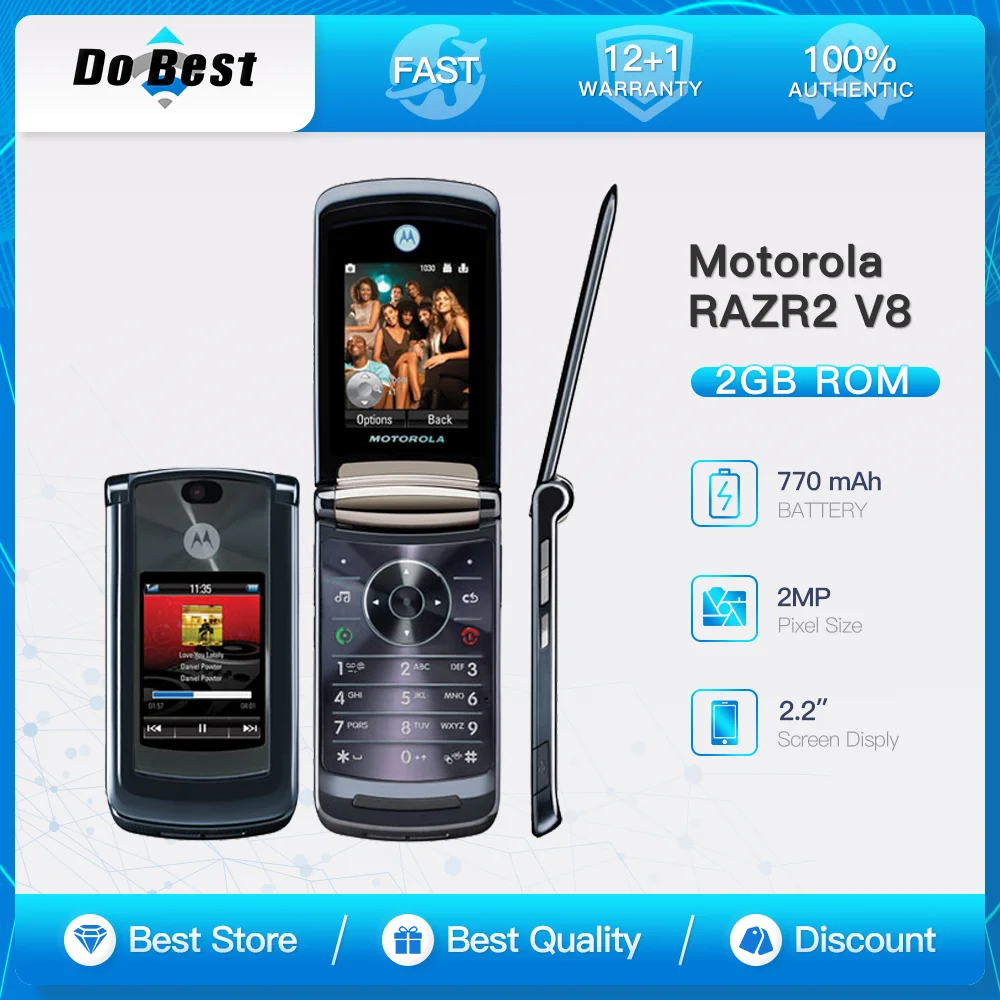 Оригинальный сетевой мобильный телефон Motorola RAZR2 V8 GSM, 2,2-дюймовый дисплей, 512 МБ/2 ГБ ПЗУ, 2-мегапиксельная камера, разблокированный дешевый мобильный телефон