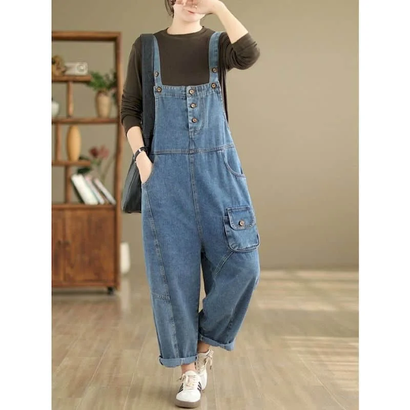 Tute solide per le donne pantaloni Harem tute larghe tute Vintage in stile coreano abbigliamento da lavoro Casual pantaloni in Denim abbigliamento donna