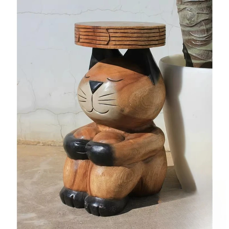 

Wood carving cat stool natural handmade solid wood creative cute cat ornament home living room TV cabinet fashion flower table
