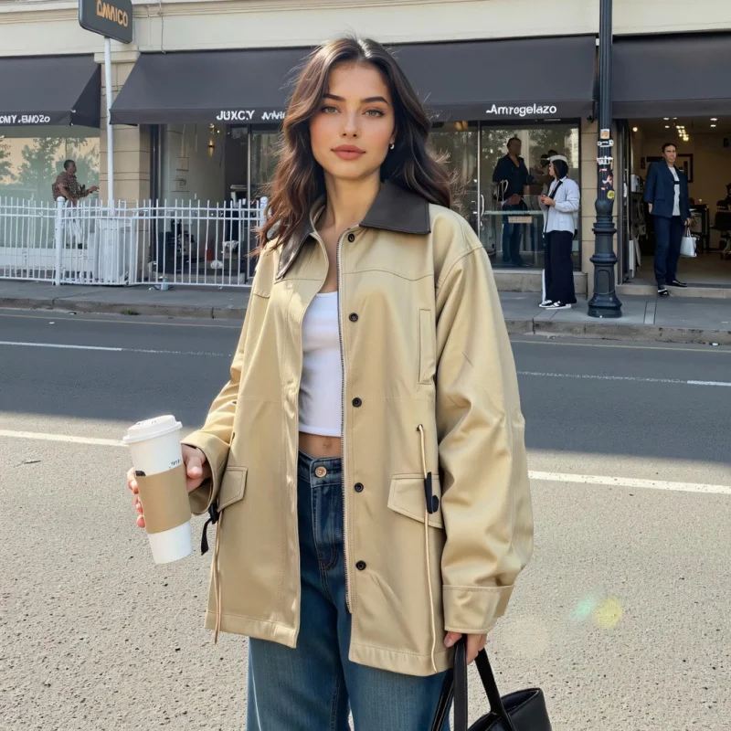 

Women's Autumn European and American Style Color-Block Turn-Down Collar Waist-Cinching Drawstring Coat