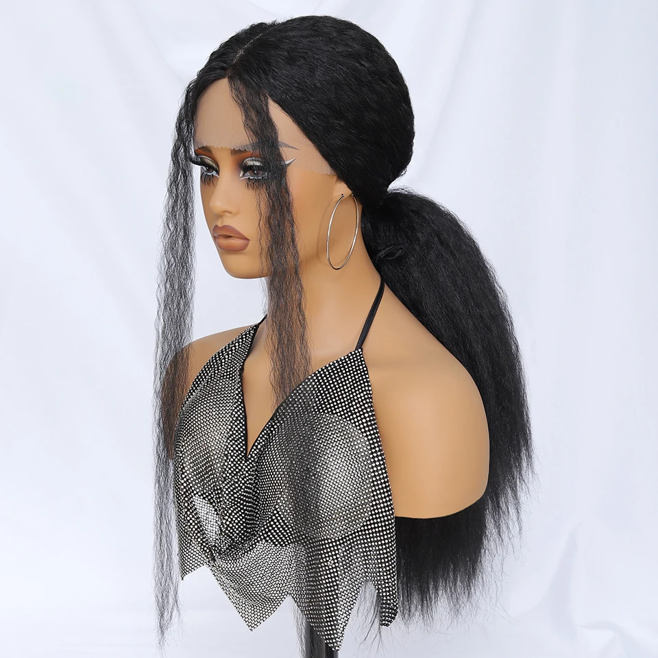 28 بوصة غريب مستقيم T جزء الدانتيل الباروكات للنساء الأسود الاصطناعية ياكي مستقيم الدانتيل الجبهة الباروكات البني شعر مستعار بتصميم مُجعد مع خط الشعر #4