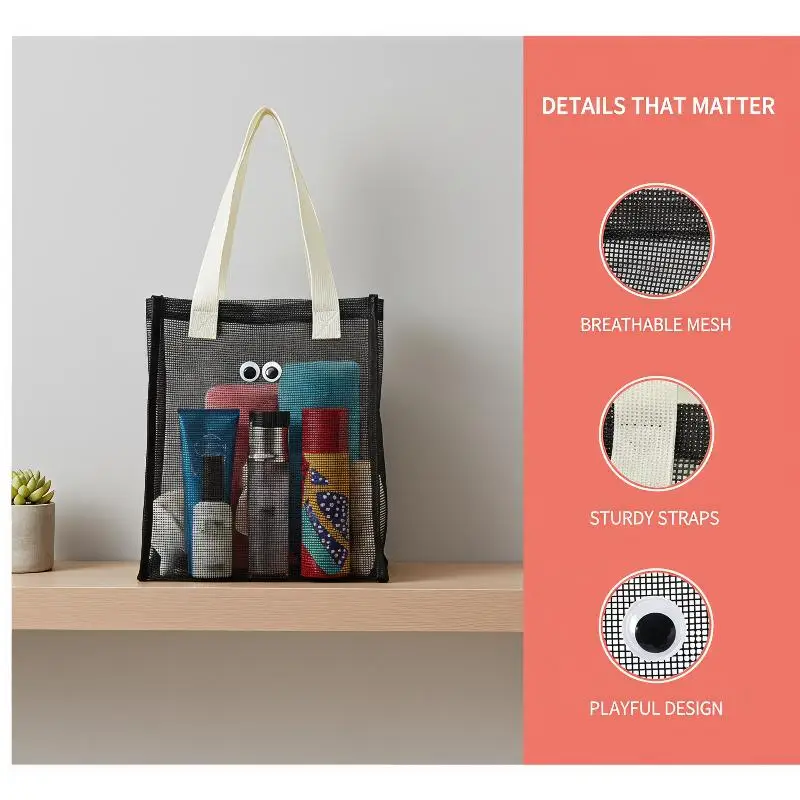 Mesh Storage Tote Bag Cute Eye Decoration Large Capacity Reusable Durable for School Work Beach Daily Commute Use