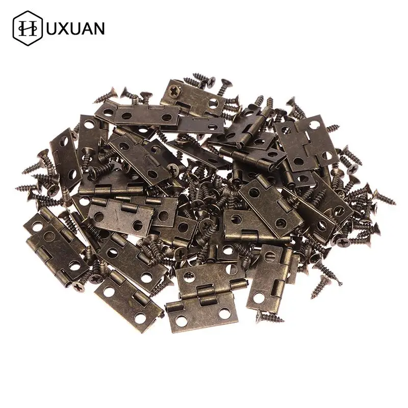 50pcs/box Hinges + 200 Screws Iron Golden/Antique Bronze 4 Holes Durable Furniture Hardware 17.5*15mm Mini Rounded Hinge Decor