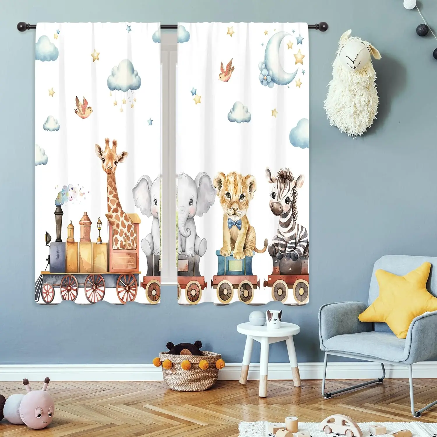 Kids Child Curtains Cute Cartoon Animal Woodland Jungle Adventure Wild Train Wildlife Rod Pocket Lion Elephant Stars Bedroom