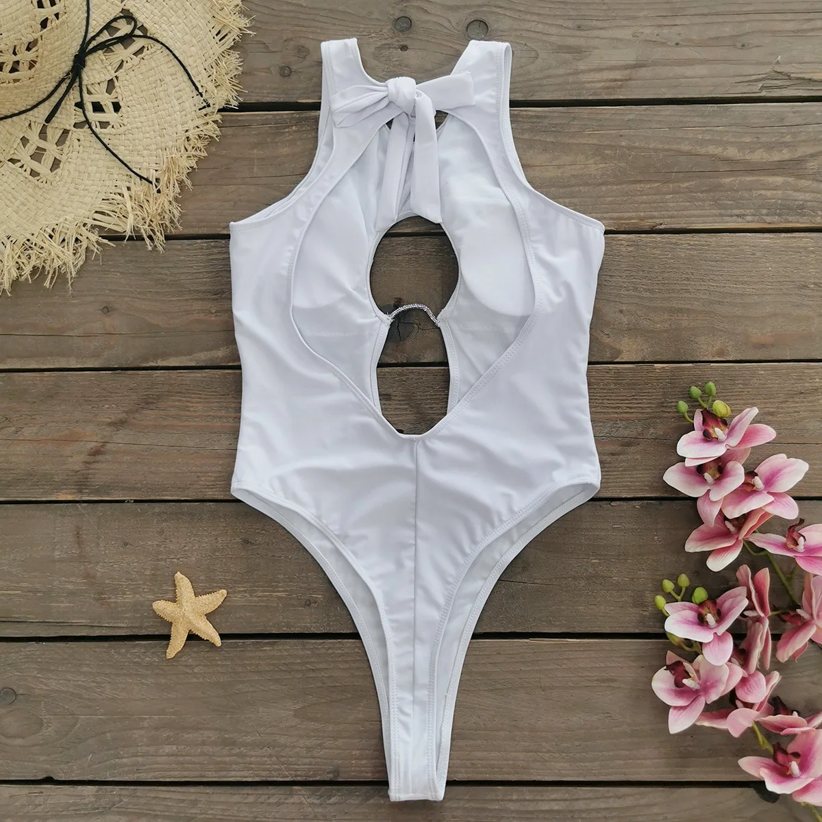 Solid Hollow Out One Piece Swimsuit Sexy High Cut White Swimwear Backless Bandage Women Swimming Bathing Suit Beachwear Monokini