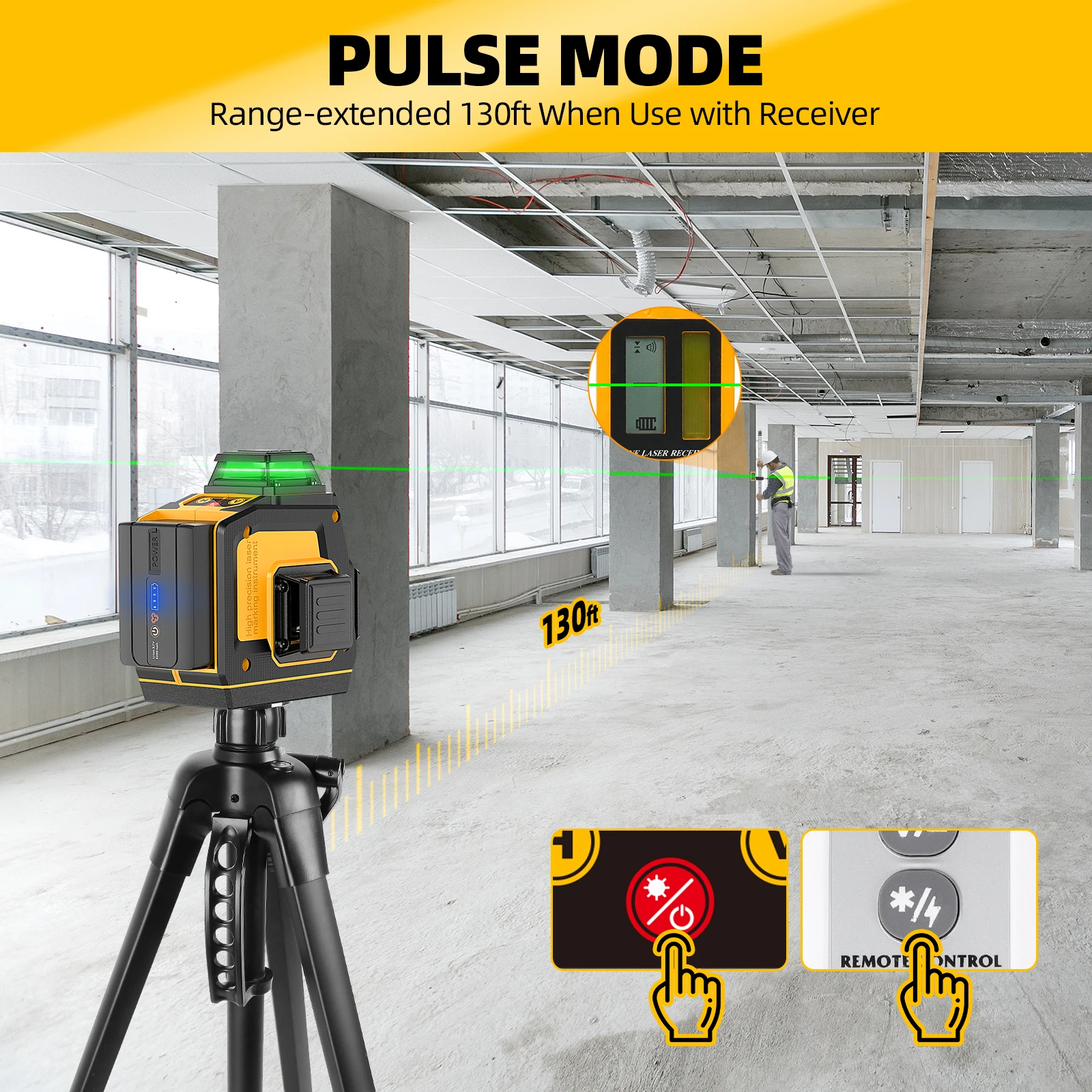 3D 12 Lins Self Leveling Laser Level SAVSEC 3 x 360° Stepless Dimming Green Cross Lines Laser with Remote Control Li-ion Battery