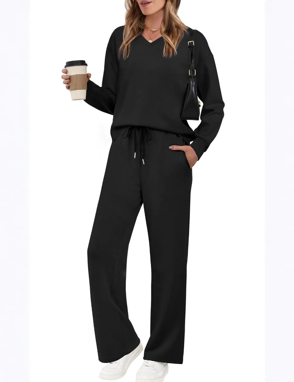 Commuter set for women, long-sleeved drawstring solid colour casual trousers set