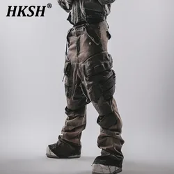 HKSH Autumn Winter New Men's Punk 3D Pockets Vintage Splicing Cargo Pants Safari Style Techwear Horseshoe Legs Overalls HK2386