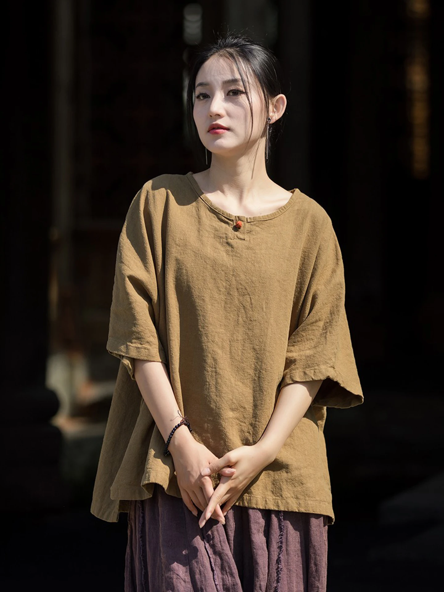 Retro Cotton Linen Women's Summer T-shirt New Chinese Style Crew Neck Short Sleeve Buddha Style Pure Color Breathable Tee