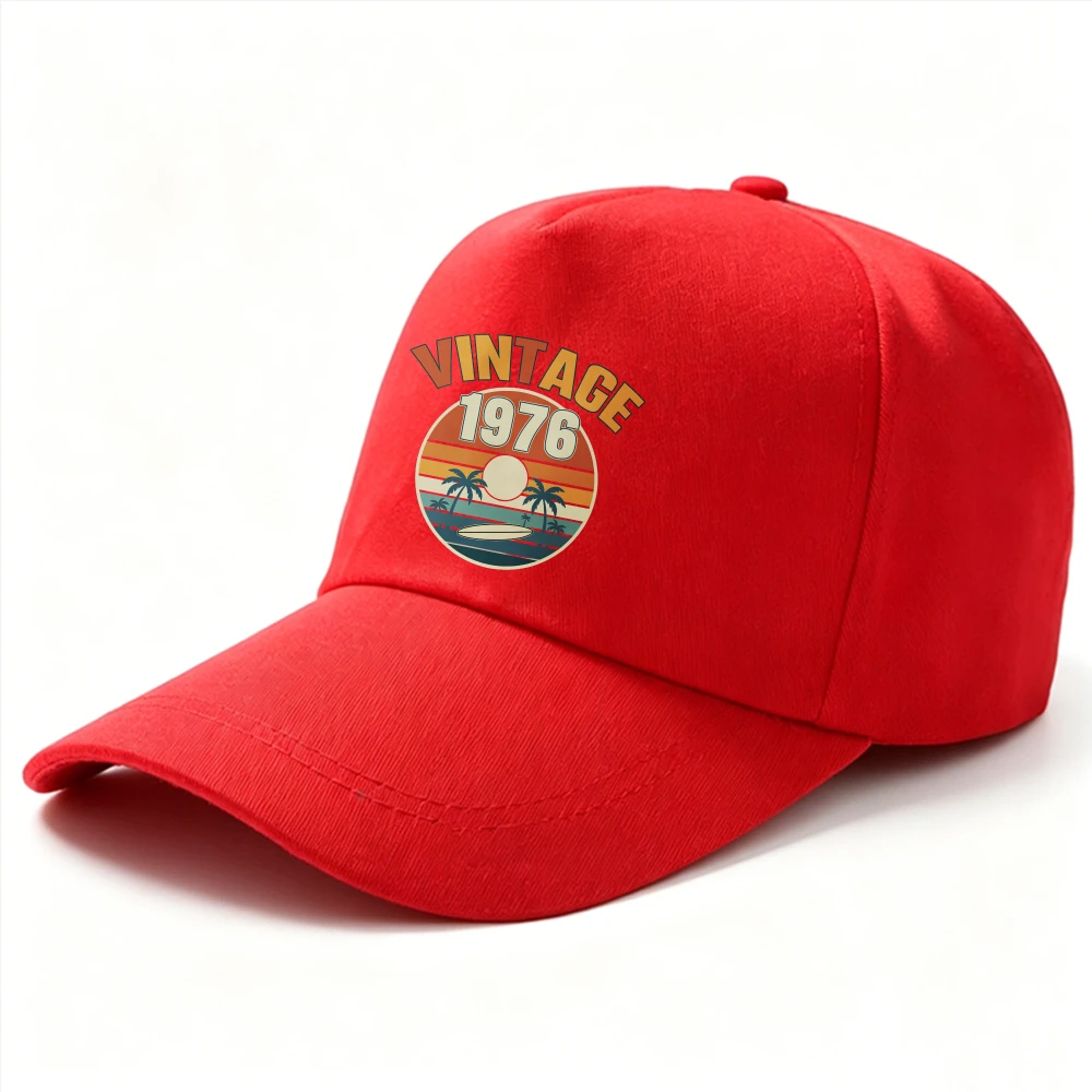 Men Women Adjustable Baseball Cap Vintage 1976 Retro Sunset Palm Tree Ocean Circle Print Cotton Outdoor 50 Birthday Summer Sun