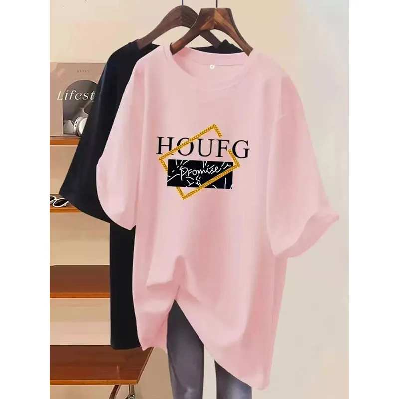 Women Clothing Letter Printing Pure Cotton Basic T-shirts Summer Fashion Casual O-neck Short Sleeve Top Tee Y2k Loose Pullovers