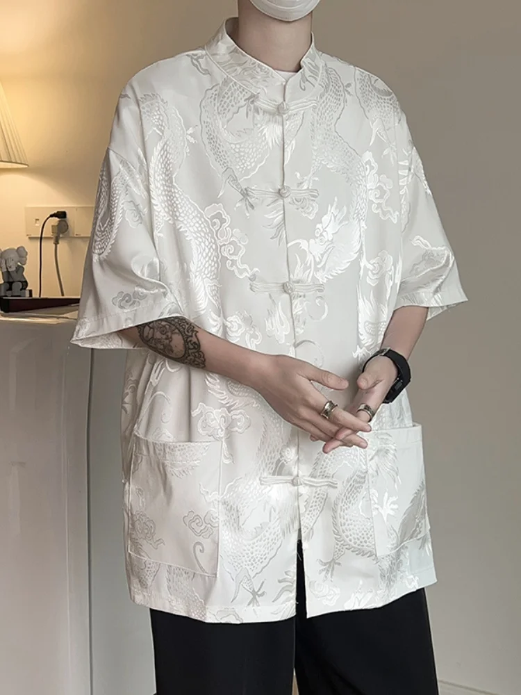 

Новая мужская рубашка в китайском стиле с двусторонним принтом дракона, короткий рукав, ветрозащитный костюм Тан, высококачественная драпированная верхняя одежда