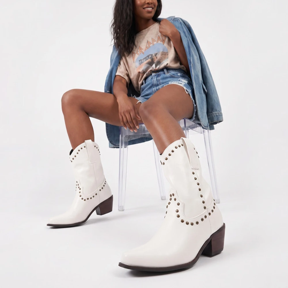 Women Western Cowboy Boots 32‑50 Large Size Rivet Decor Mid‑Calf Boots PU Leather Chunky Heel Retro Ladies Boots 7748