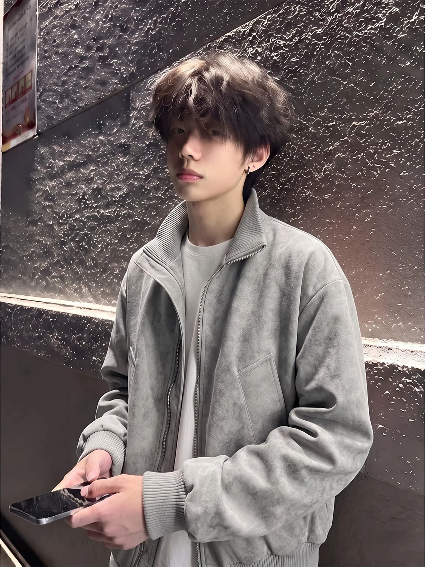 Grey Dyed Stand Collar Leather Jacket Men's Short Style Flight Jacket High-End Feeling Baseball Coat Loose Fit Summer Outerwear
