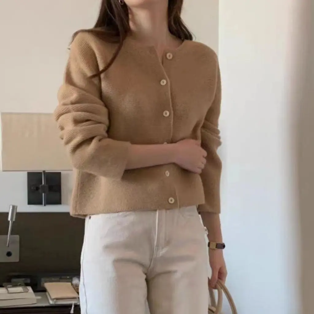 

Women's Korean Style Casual Chic Camel Knitted Cardigan Single-Breasted Long-Sleeved Early Autumn Thin Outer Sweater
