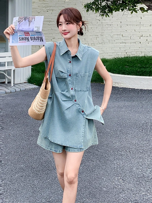 

Women's Spring Summer Thin Vintage Shirt Sleeveless Top Wide Leg Shorts Denim Two Piece Set Asymmetrical Design Breathable