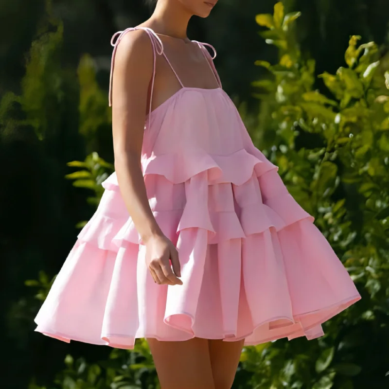 

2025 New Fashionable Pink Short Dress Woman Cotton Layered Loose Beach Sundress Summer Strap Sleeveless Ruffle Babydoll Dresses