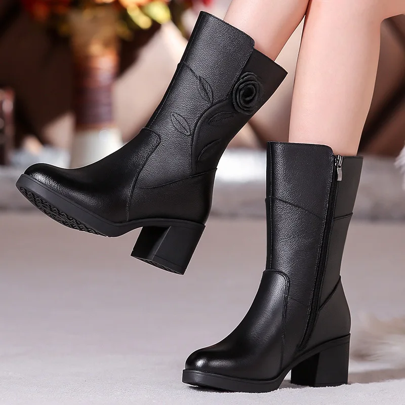 WOIZGIC Women's Female Ladies Mother Genuine Leather Mid Calf Boots Shoes Warm Fur Plush Winter Zipper Flower Commute Non-Slip