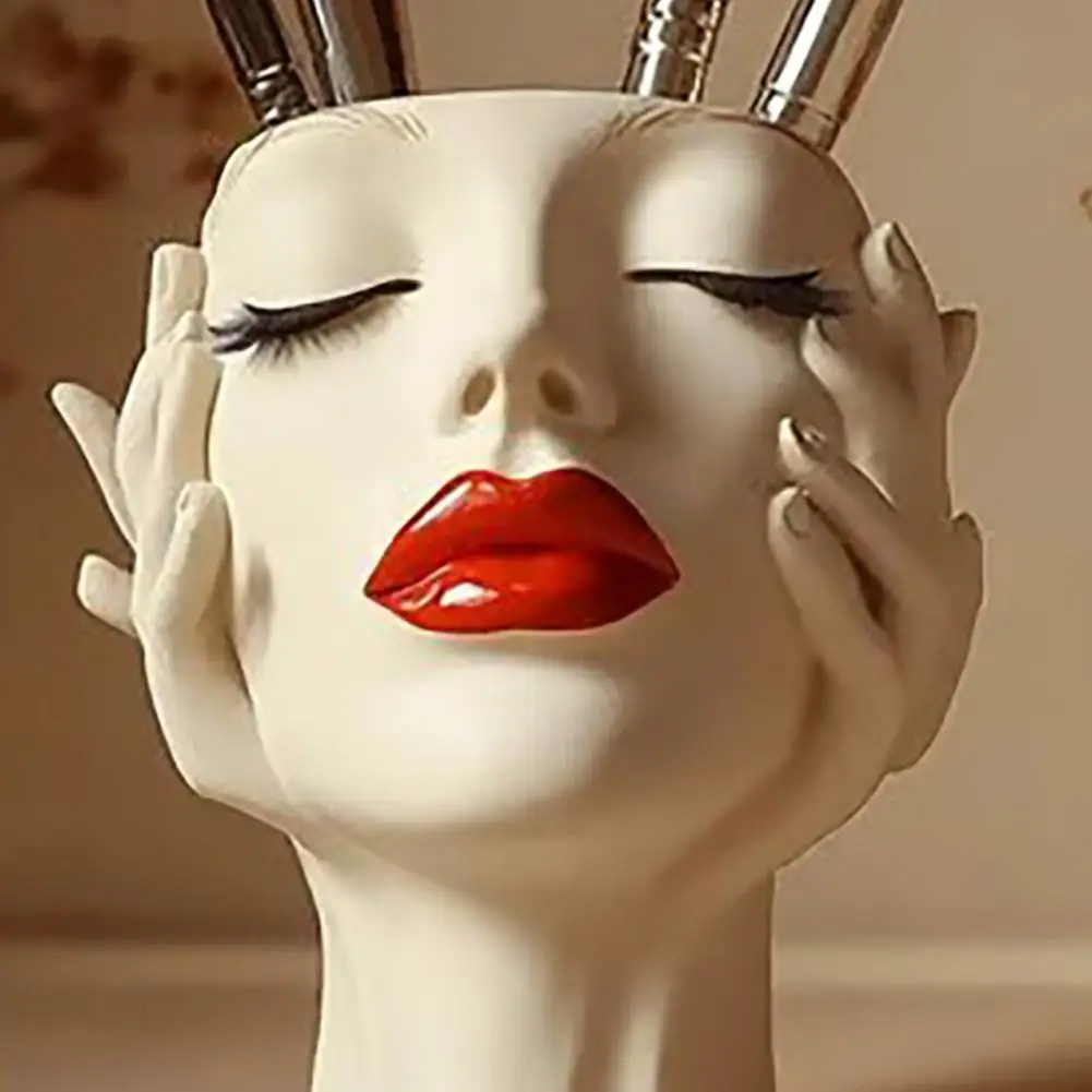Face Vase Decoration Female Contour Pen Holder Handcrafted Vase Artistic Female Form Makeup Brush Organizer Minimalist for Home