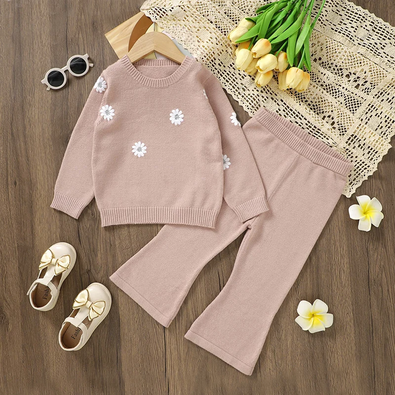 

Комплекты детской одежды, вязаный пуловер для новорожденных девочек + штаны, модный теплый свитер с длинными рукавами и вышивкой для младенцев + брюки, 2 предмета, зима, От 3 до 7 лет