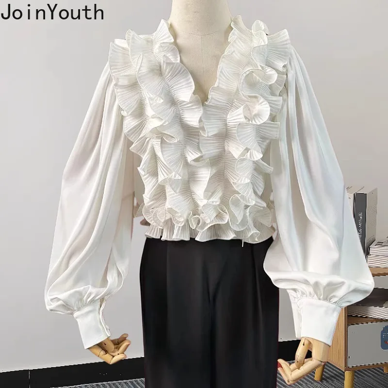 2024 Blusas Mujer De Moda White Blouse Women Clothing Temperament Ladies Tops Sweet Ruffles Lantern Sleeve Shirt Blouses 7o240